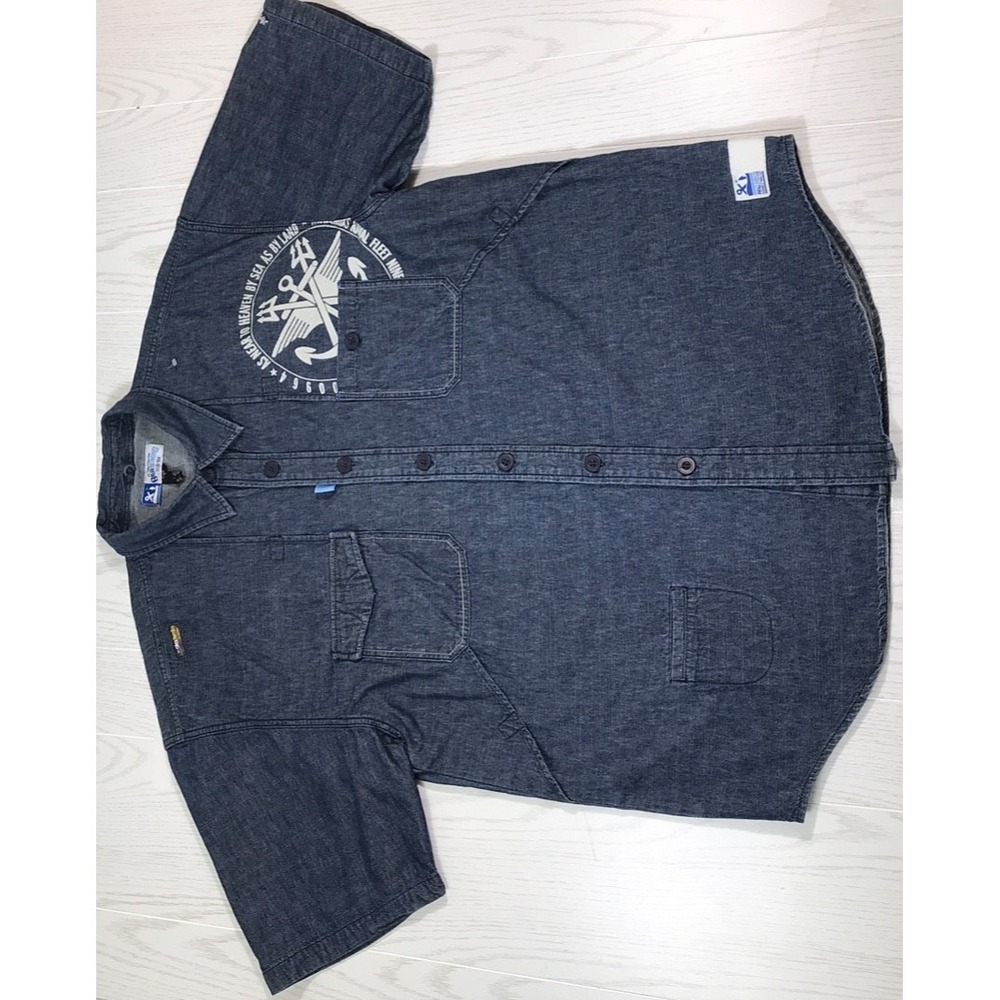 Vintage Hip Hop Denim Shirt Men 2XL Akademiks Short Sleeve Naval Academy Pockets